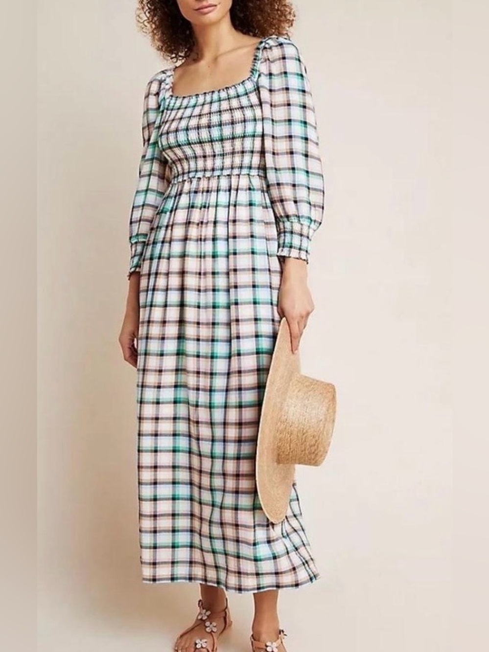 Maeve Anthropologie Plaid Smocked Square Neck Midi Maxi Dress Small